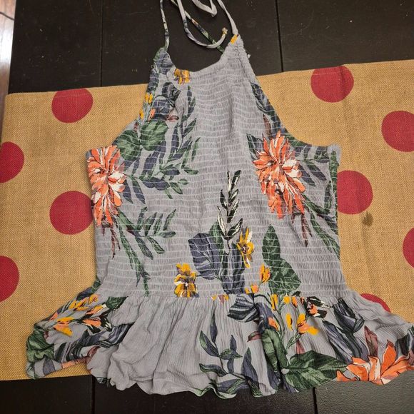 Patrons of Peace Size Large Blue Chambray Halter Top Tropical Flowers Peplum EUC - Picture 1 of 3